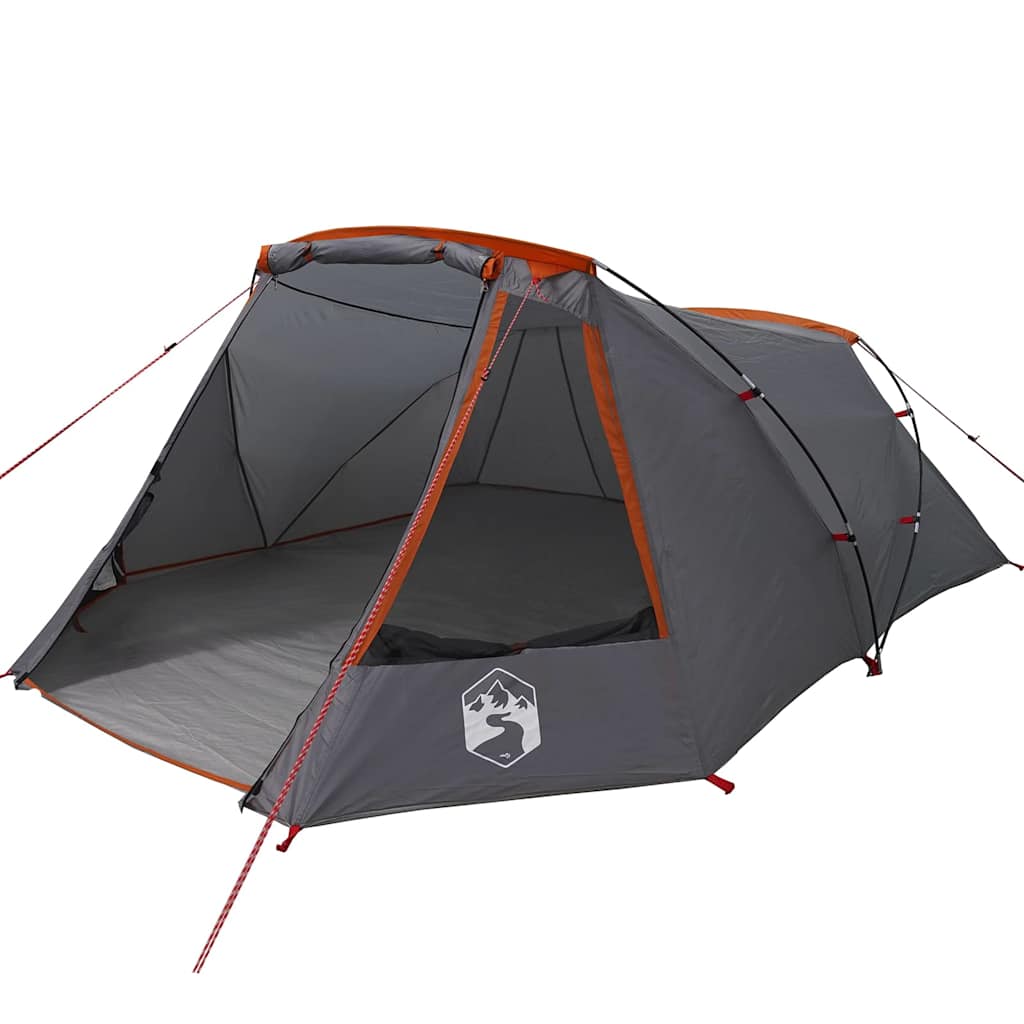 Zijaanzicht van de vidaXL Tunnel Tent in grijs met oranje details, open en ruim interieur.
