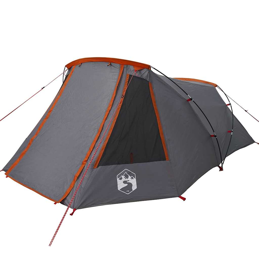Zijaanzicht van de vidaXL Tunnel Tent 3-Person in grijs met oranje details.