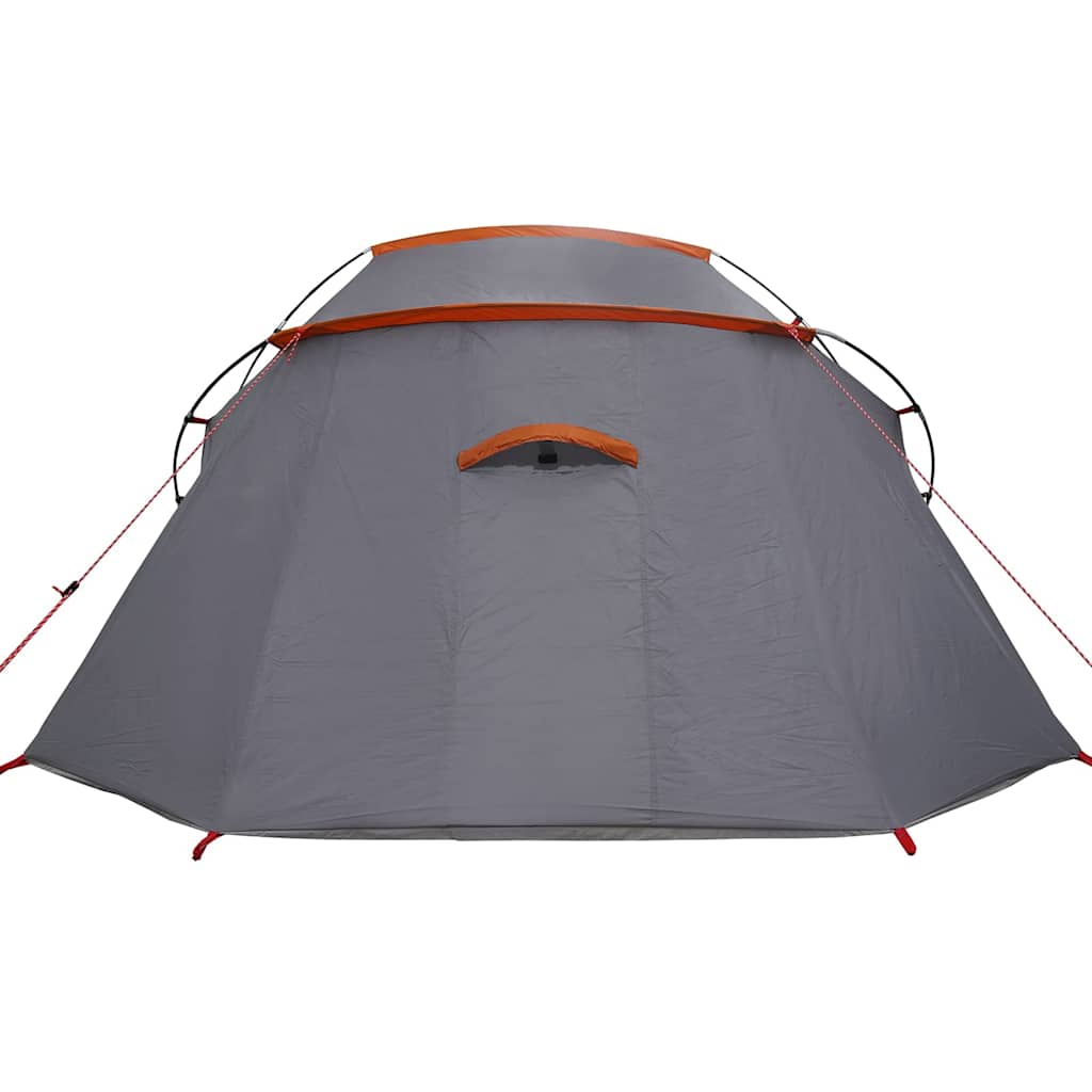Zijaanzicht van de vidaXL Tunnel Tent in grijs met oranje details.