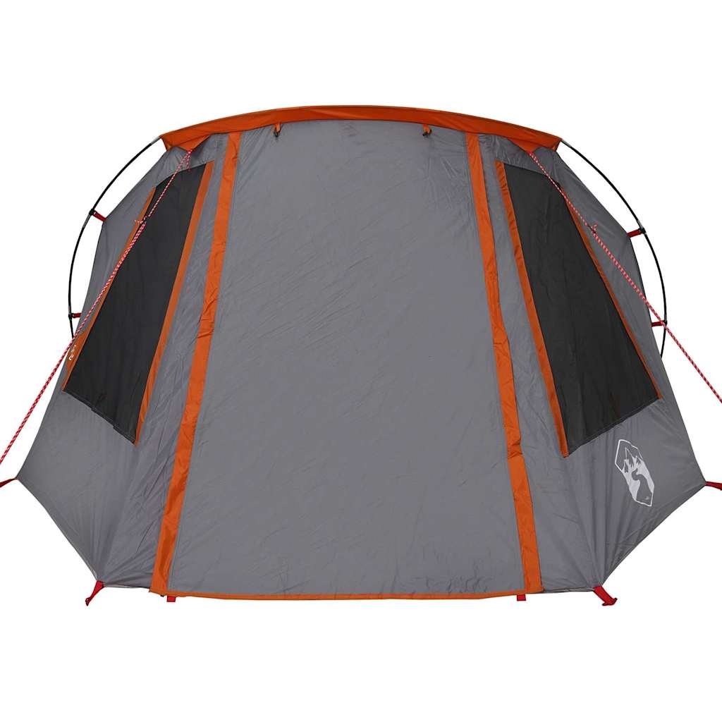 Zijaanzicht van de vidaXL Tunnel Tent met grijze en oranje details en ventilatieroosters.