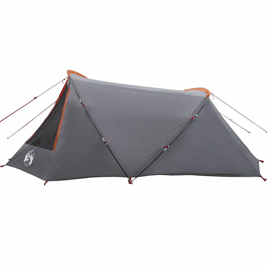 Zijaanzicht van de vidaXL Tunnel Tent in grijs met oranje details.
