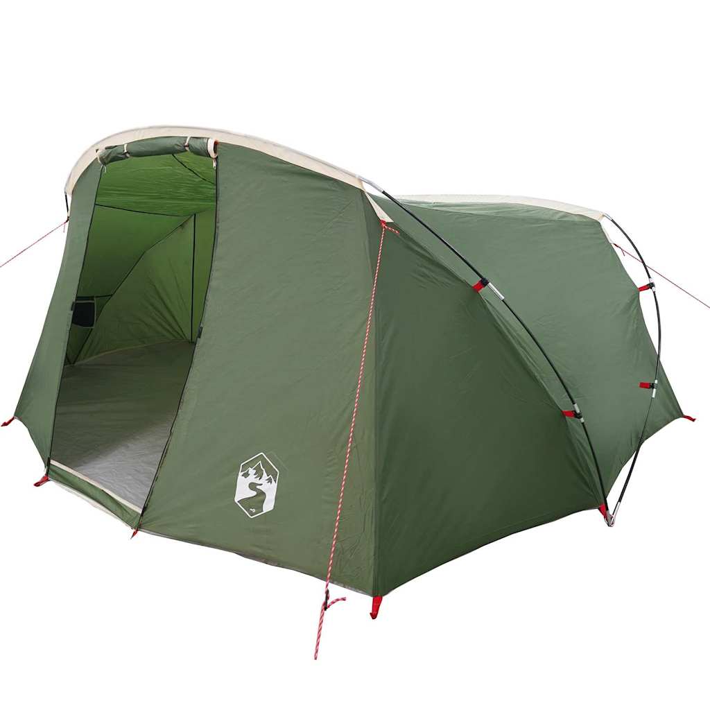 Detail van de vidaXL Tunnel Tent in groen met wit, zijaanzicht met open ingang.