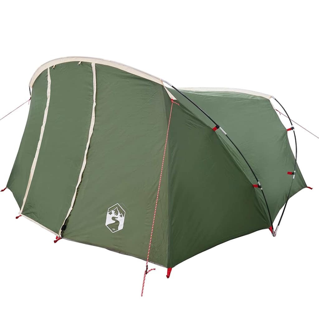 Detail van de vidaXL Tunnel Tent in groen met witte accenten, zijaanzicht.