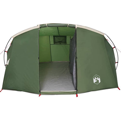 Zijaanzicht van de vidaXL Tunnel Tent in groen met open ingang en ventilatierooster.