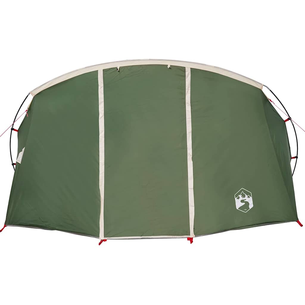 Detail van de groene en witte vidaXL Tunnel Tent met zijaanzicht en logo.