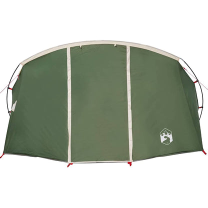Detail van de groene en witte vidaXL Tunnel Tent met zijaanzicht en logo.