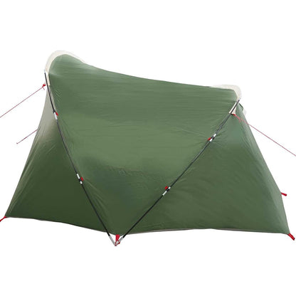 Detail van de groene vidaXL Tunnel Tent met een schuin dak en stevige stangen.