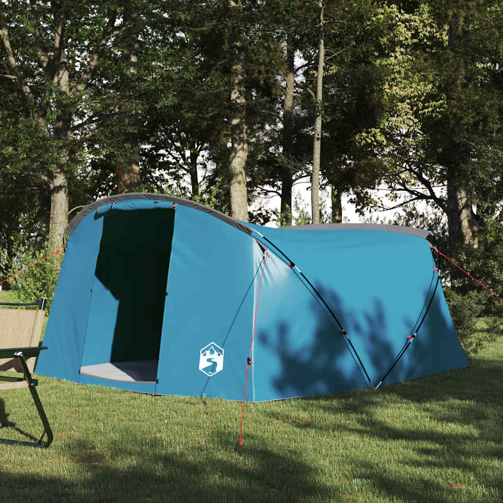 Blauwe vidaXL Tunnel Tent voor vier personen, waterdicht en ruim, opgesteld in de natuur.