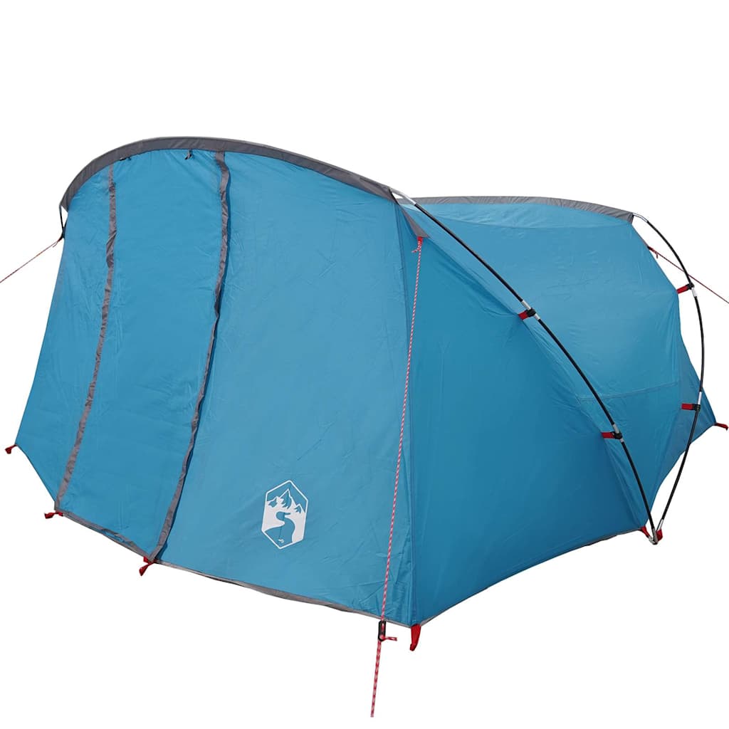 Detail van de blauwe vidaXL Tunnel Tent met grijze accenten en een zijaanzicht.