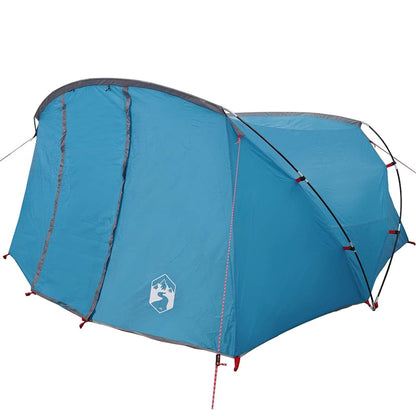 Detail van de blauwe vidaXL Tunnel Tent met grijze accenten en een zijaanzicht.