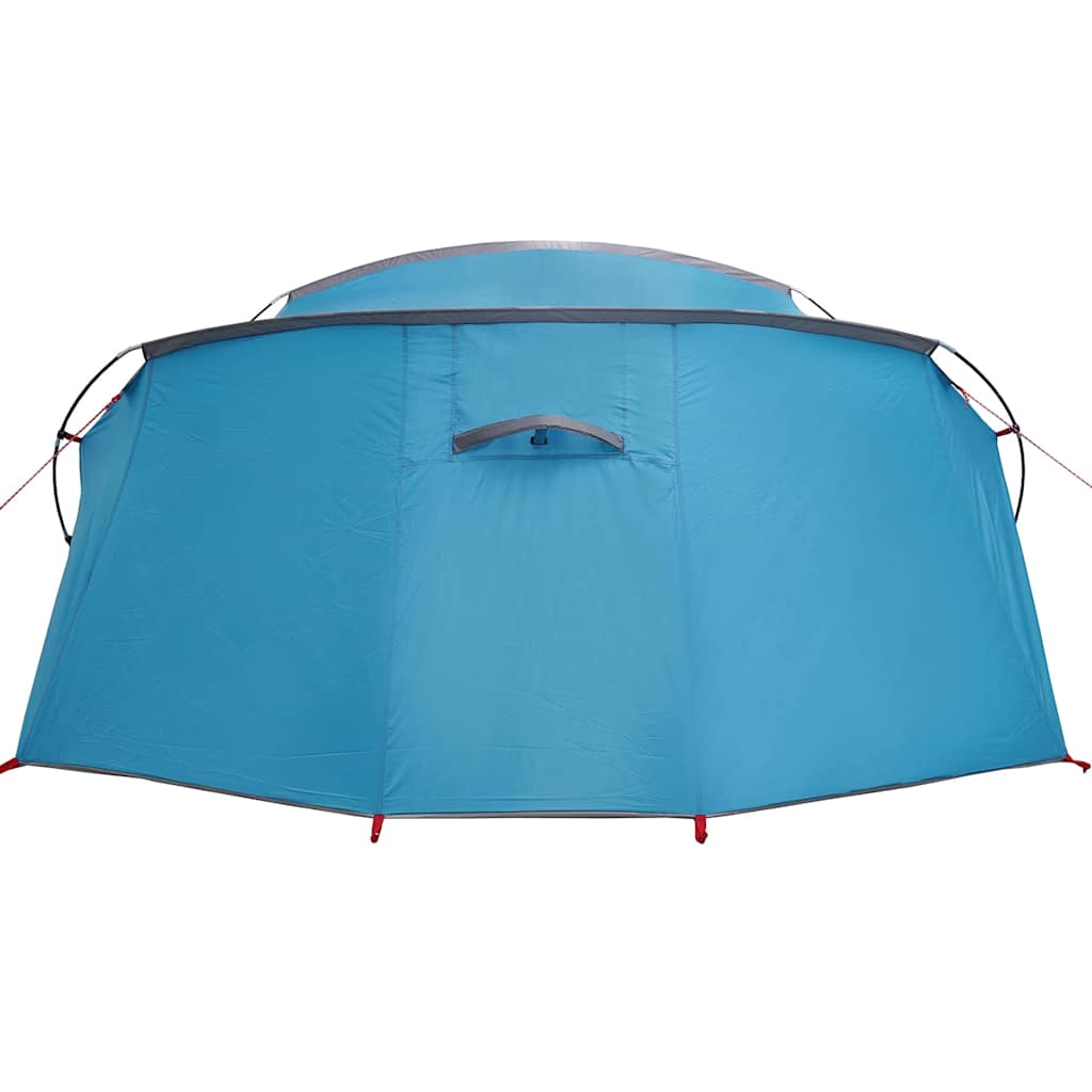 Detail van de blauwe en grijze vidaXL tunneltent met E-poort en waterdichte stof.