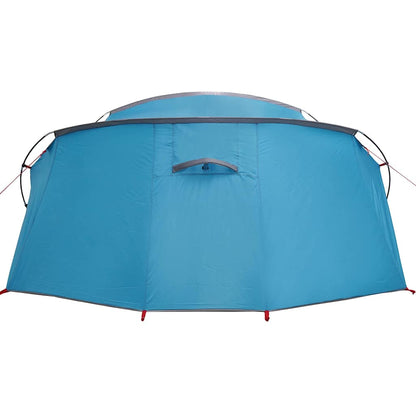 Detail van de blauwe en grijze vidaXL tunneltent met E-poort en waterdichte stof.