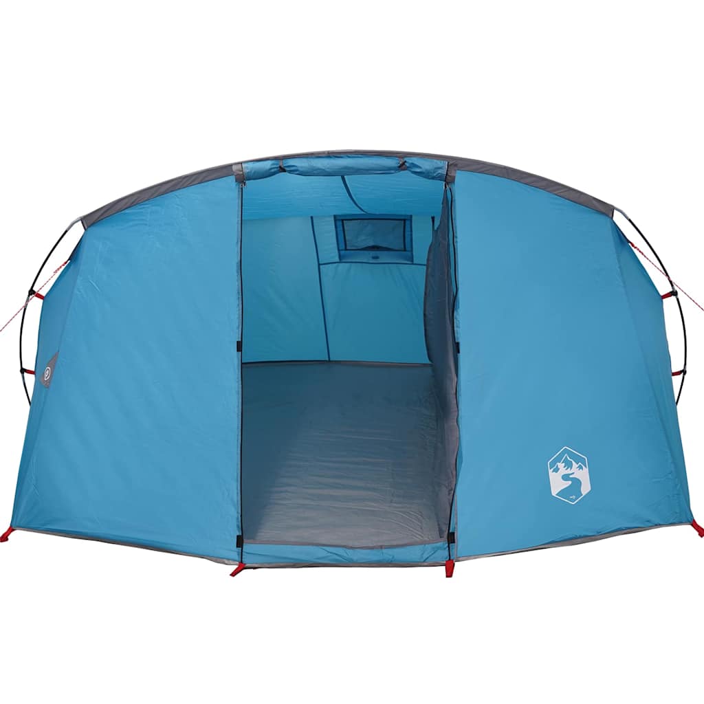 Detail van de blauwe vidaXL tunneltent met open ingang en ventilatieraam.