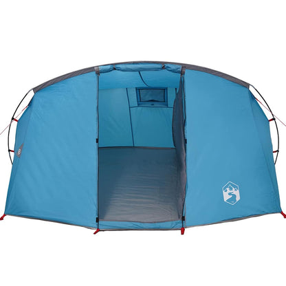 Detail van de blauwe vidaXL tunneltent met open ingang en ventilatieraam.