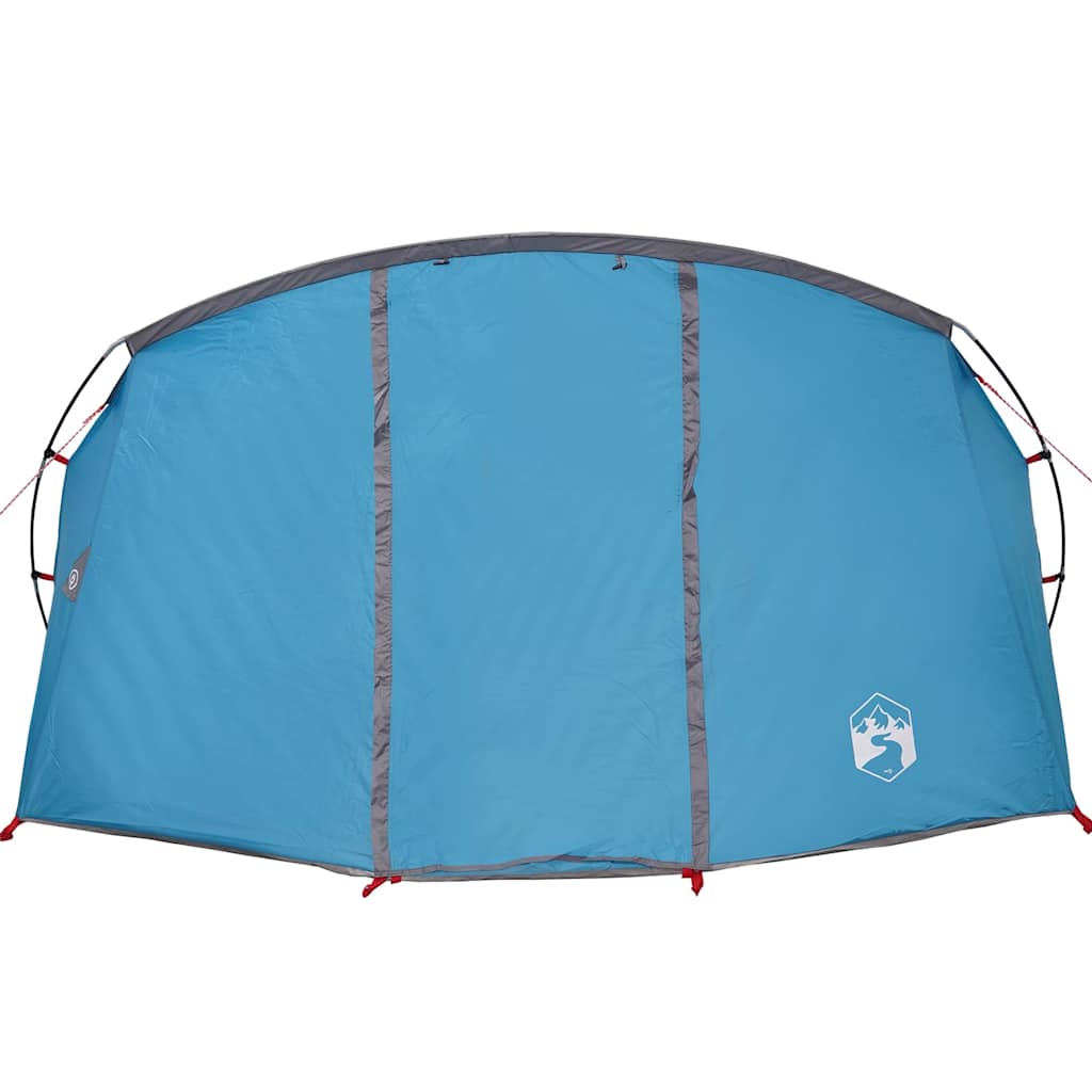 Detail van de blauwe en grijze vidaXL Tunnel Tent, zijaanzicht met waterdichte stof.