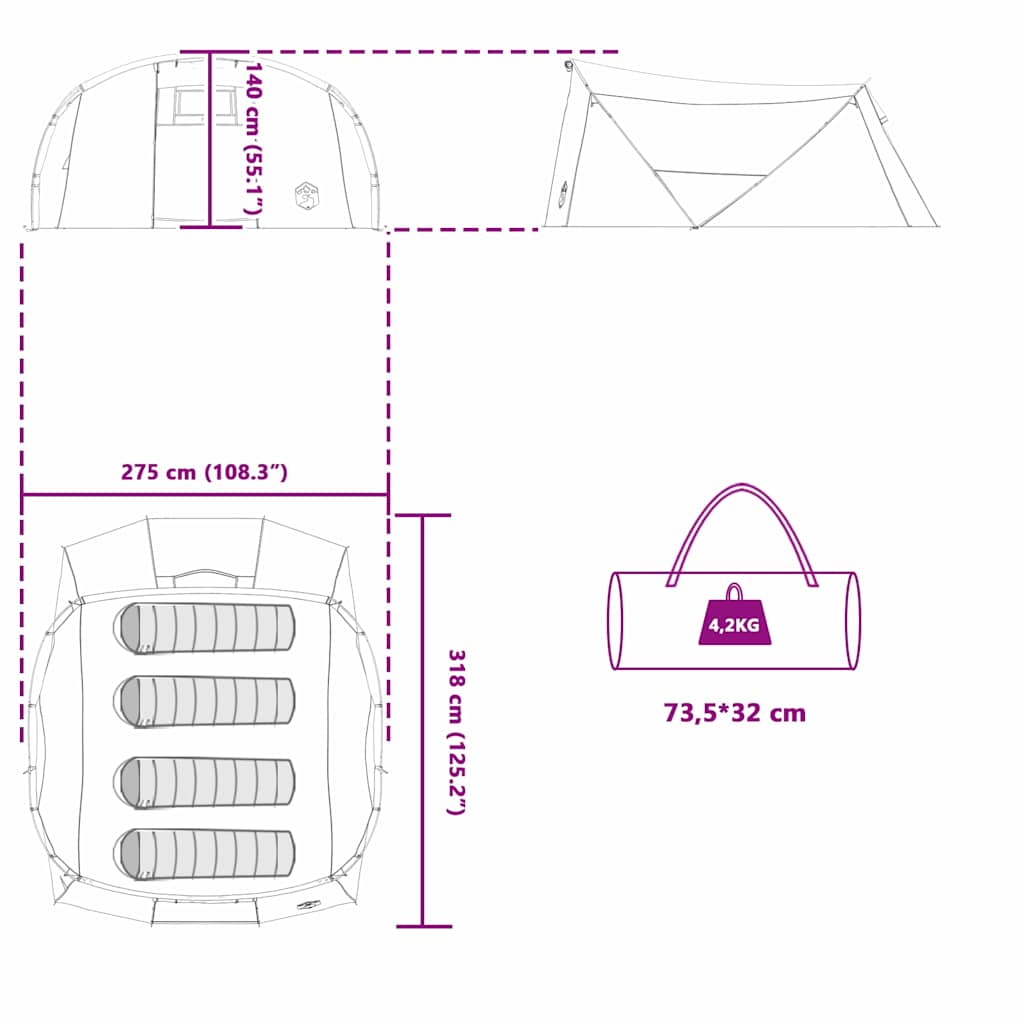 Technische tekening van de vidaXL Tunnel Tent met afmetingen en opbergdetails.