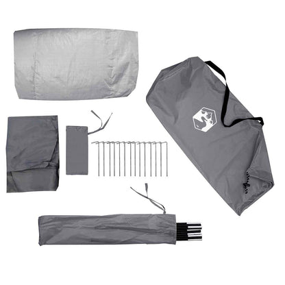 Detail van de grijze tentaccessoires, inclusief haringen en stokken voor de vidaXL Tunnel Tent.