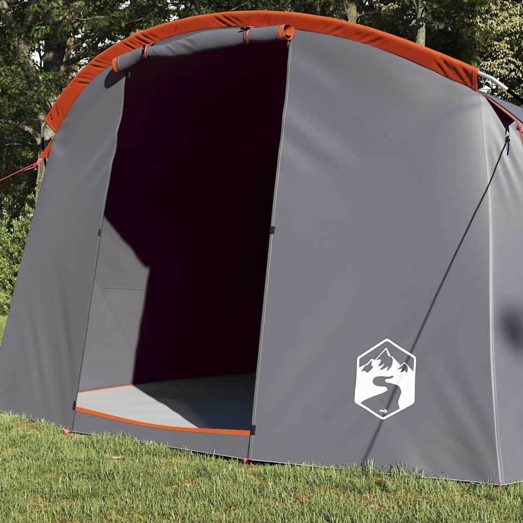 Detail van de grijs-oranje vidaXL Tunnel Tent met open ingang en logo.