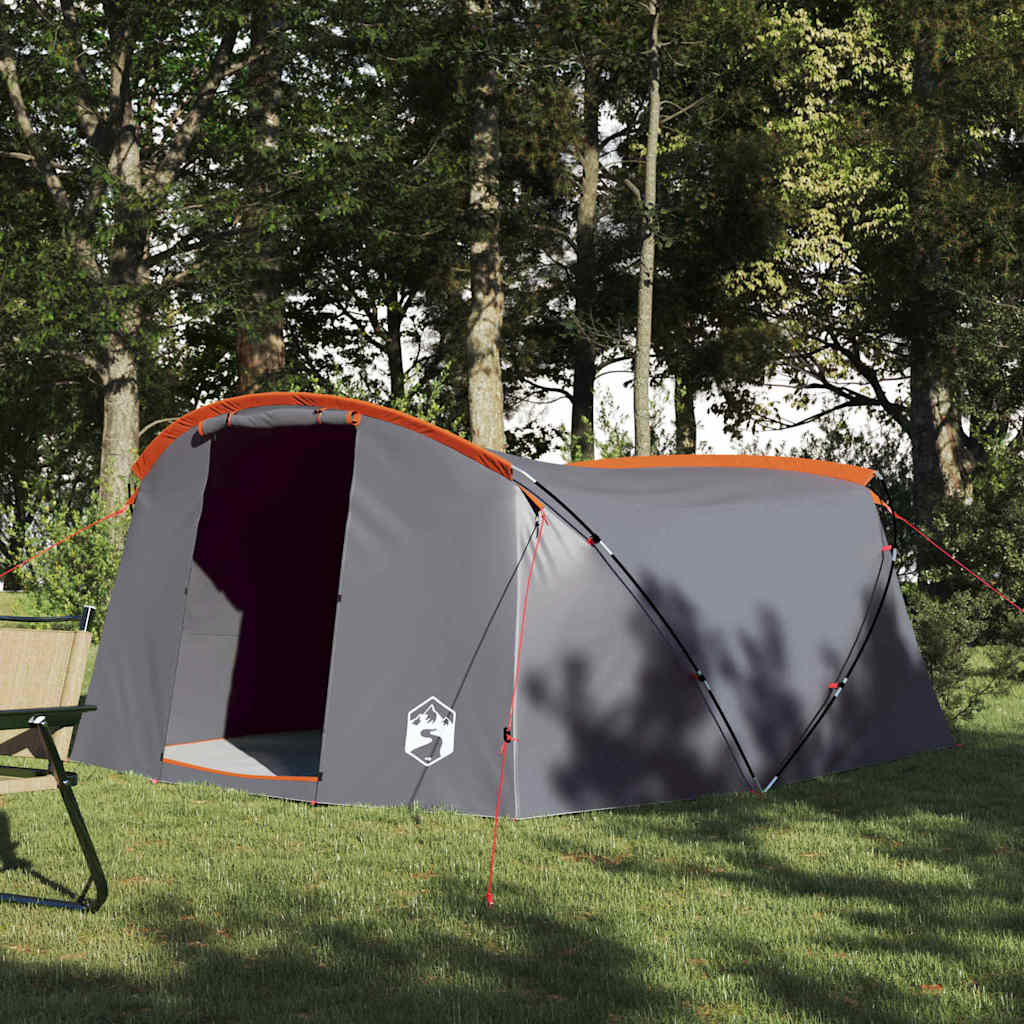 vidaXL Tunnel Tent 4-Person in grijs met oranje details, zijaanzicht in een groene omgeving.