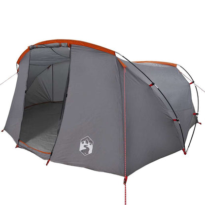 Zijaanzicht van de grijs-oranje vidaXL Tunnel Tent met open ingang en ruime binnenruimte.