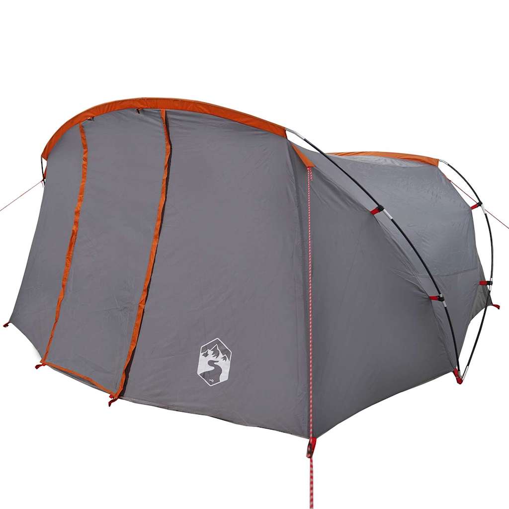 Detail van de grijs-oranje vidaXL Tunnel Tent met een aerodynamisch ontwerp en stevige ritsen.