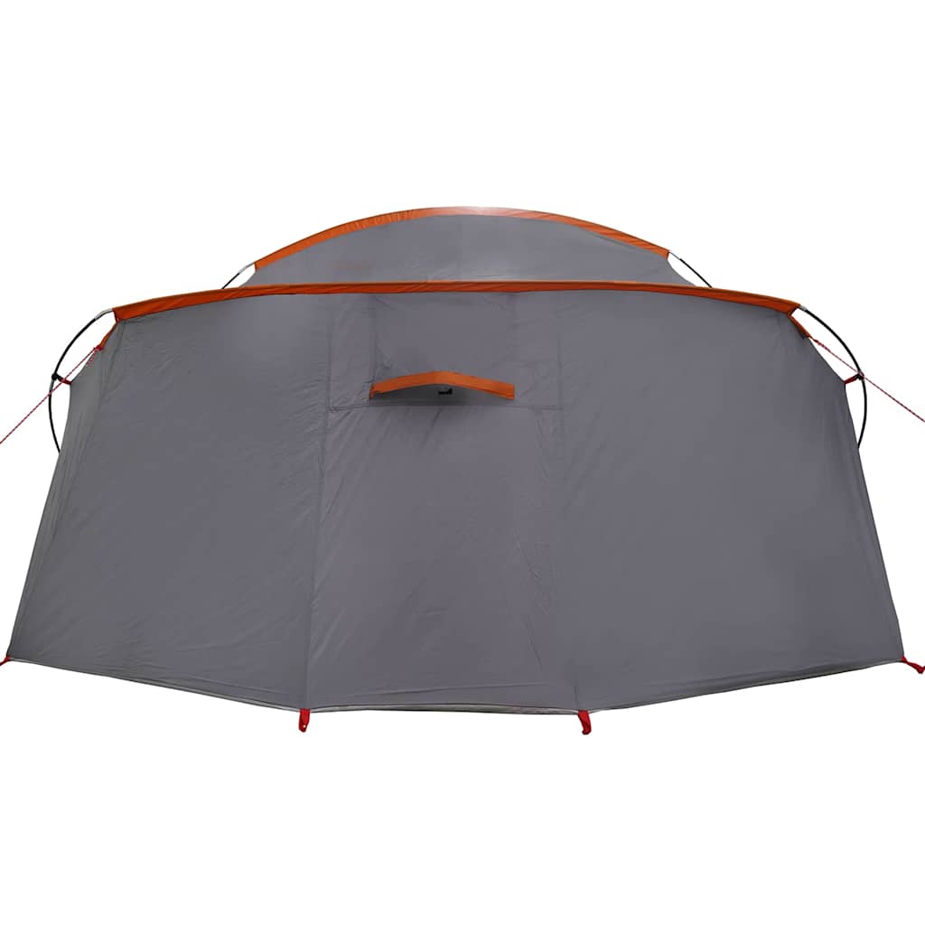 Detail van de grijs-oranje vidaXL Tunnel Tent met ritsopening aan de voorkant.