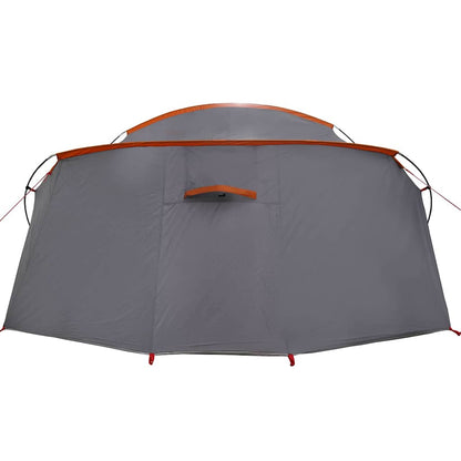 Detail van de grijs-oranje vidaXL Tunnel Tent met ritsopening aan de voorkant.