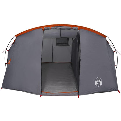Detail van de grijs-oranje vidaXL Tunnel Tent met open ingang en binnenruimte.