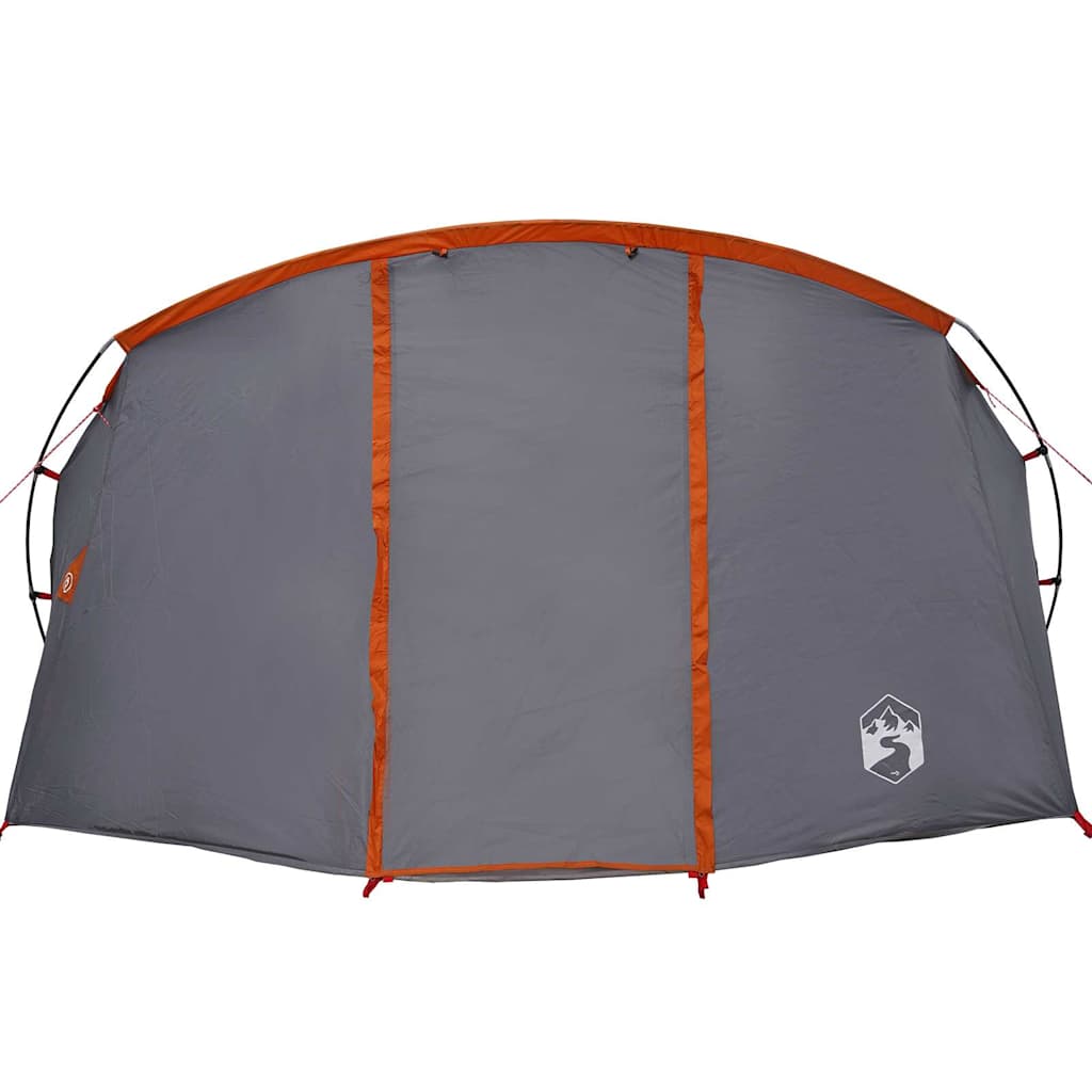 Detail van de grijs-oranje vidaXL Tunnel Tent met een zijaanzicht en waterbestendige stof.