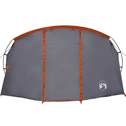 Detail van de grijs-oranje vidaXL Tunnel Tent met een zijaanzicht en waterbestendige stof.
