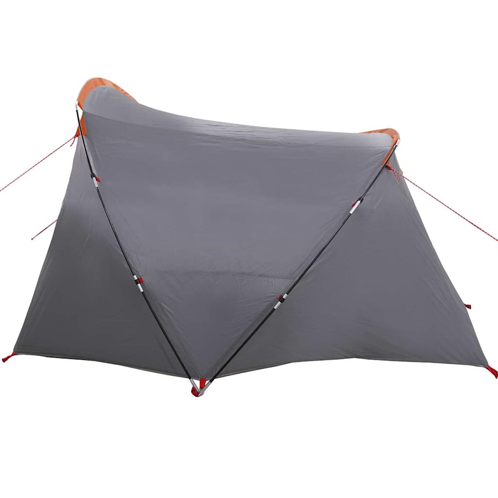 Detail van de grijs-oranje vidaXL Tunnel Tent met een zicht op de zijwand en opzetstructuur.
