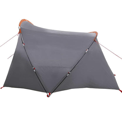 Detail van de grijs-oranje vidaXL Tunnel Tent met een zicht op de zijwand en opzetstructuur.