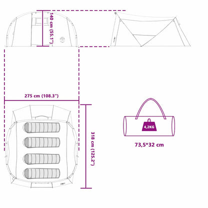 Detailtekening van de vidaXL Tunnel Tent met afmetingen en draagtas.