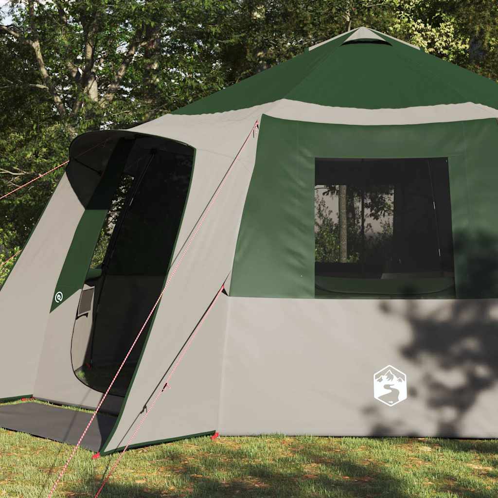 Detail van de vidaXL Cabin Tent in groen en grijs, met een ruime ingang en ventilatierooster.