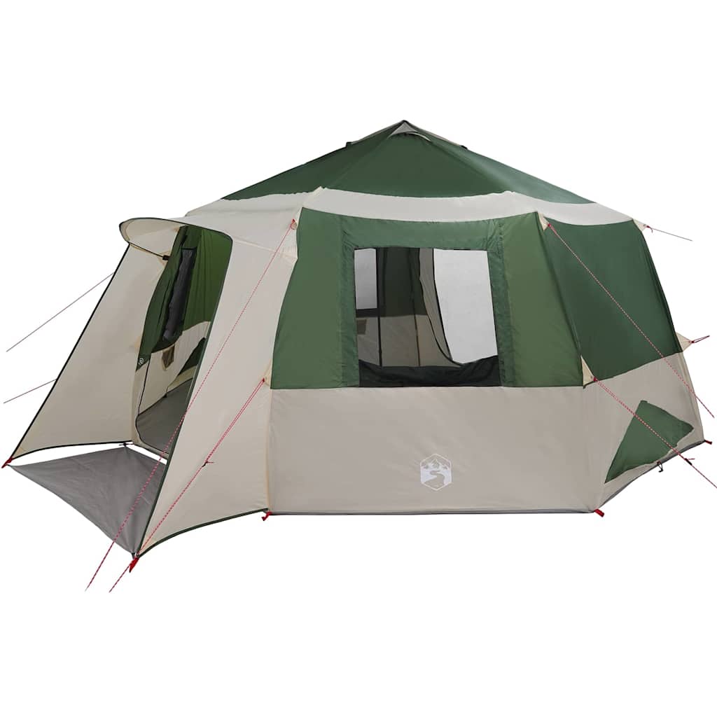 Detail van de vidaXL Cabin Tent in groen en grijs, met ruime ingangen en ventilatiedetails.