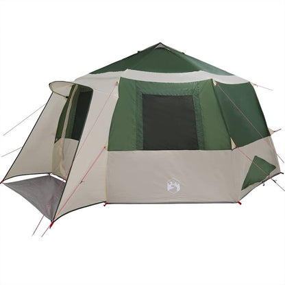 Detail van de vidaXL Cabin Tent in groen en grijs, met ventilatieroosters en ingangen.
