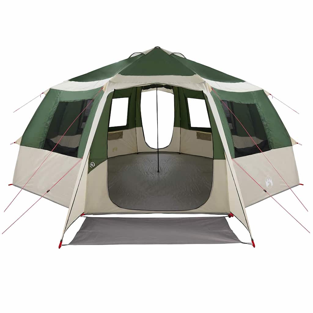 Zijaanzicht van de vidaXL Cabin Tent in groen en grijs, met open ingang en ruime binnenruimte.