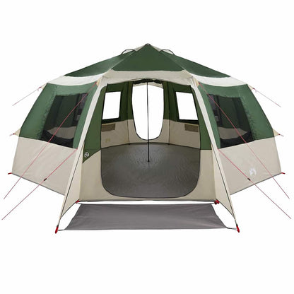 Zijaanzicht van de vidaXL Cabin Tent in groen en grijs, met open ingang en ruime binnenruimte.