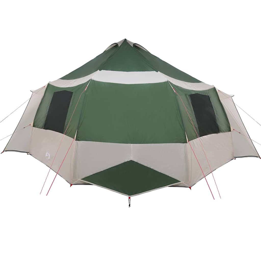 Detail van de vidaXL Cabin Tent in groen en grijs, met ventilatieroosters en een ruime opzet.