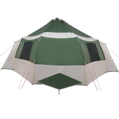 Detail van de vidaXL Cabin Tent in groen en grijs, met ventilatieroosters en een ruime opzet.