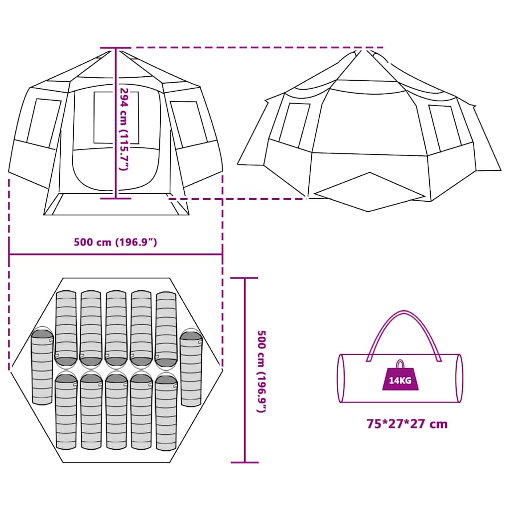 Detailtekening van de vidaXL Cabin Tent met afmetingen en indeling voor twaalf personen.