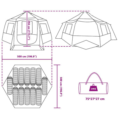 Detailtekening van de vidaXL Cabin Tent met afmetingen en indeling voor twaalf personen.