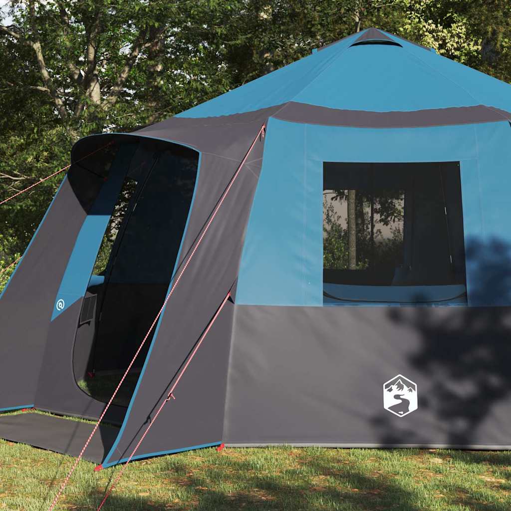 Detail van de vidaXL Cabin Tent met blauwe en grijze zijwanden en grote ramen.