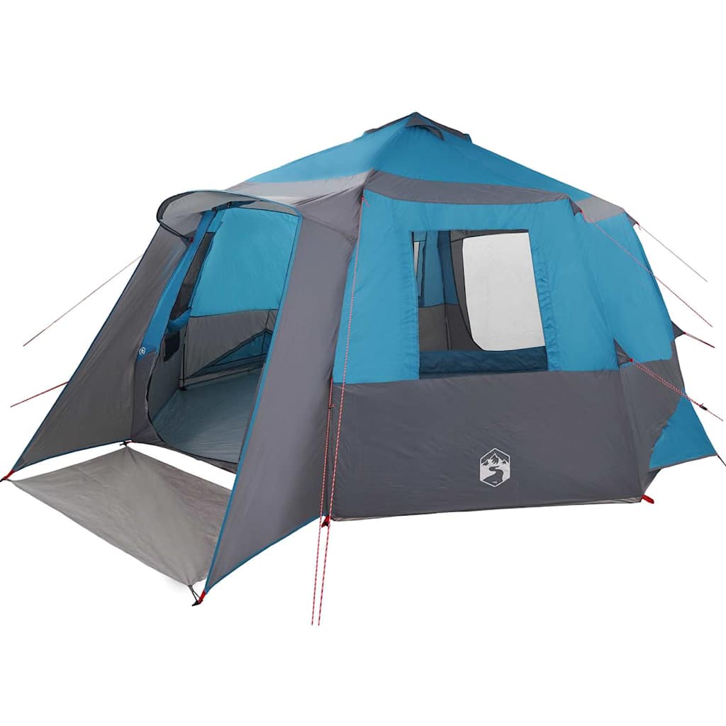 Zijaanzicht van de vidaXL Cabin Tent 12-Person in blauw en grijs, met open ingangen.