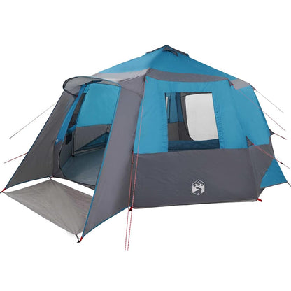 Zijaanzicht van de vidaXL Cabin Tent 12-Person in blauw en grijs, met open ingangen.