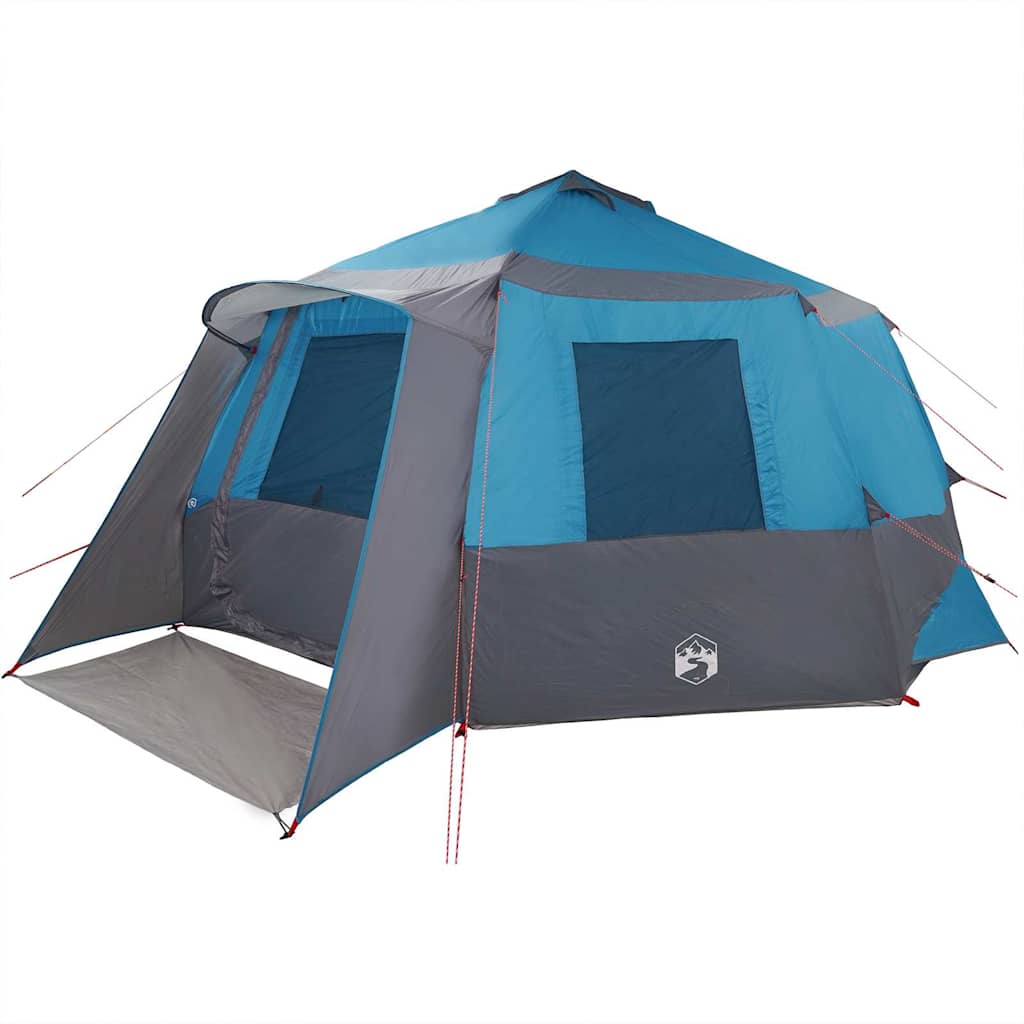 Detail van de vidaXL Cabin Tent in blauw en grijs, met zij-ingang en ventilatieopeningen.