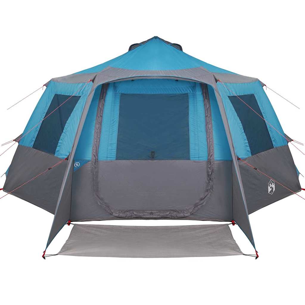 Detail van de vidaXL Cabin Tent in blauw en grijs, met ruime ingang en ventilatieroosters.