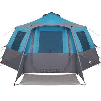 Detail van de vidaXL Cabin Tent in blauw en grijs, met ruime ingang en ventilatieroosters.