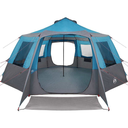 Detail van de vidaXL Cabin Tent met blauwe en grijze kleuren, zijaanzicht van de ingang.