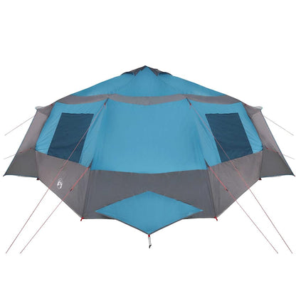 Zijaanzicht van de vidaXL Cabin Tent in blauw en grijs, met openingen voor ventilatie.